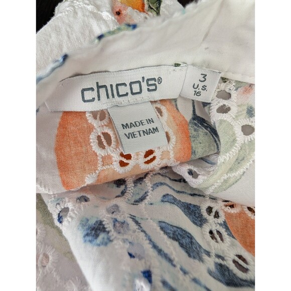 Chico's 3 Womens Tropical Citrus Orange Print Eyelet 3/4 Balloon Sleeve Top XL - Picture 9 of 9